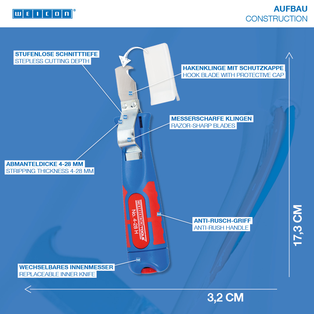 Kabelmesser No. 4 - 28 H | with 2C handle including hook blade and protective cap, working range 4 - 28 mm Ø