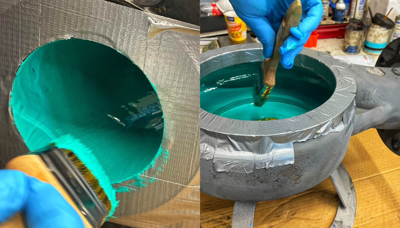 resin tub, teal green, paint mixing, gloved hands, studio workshop