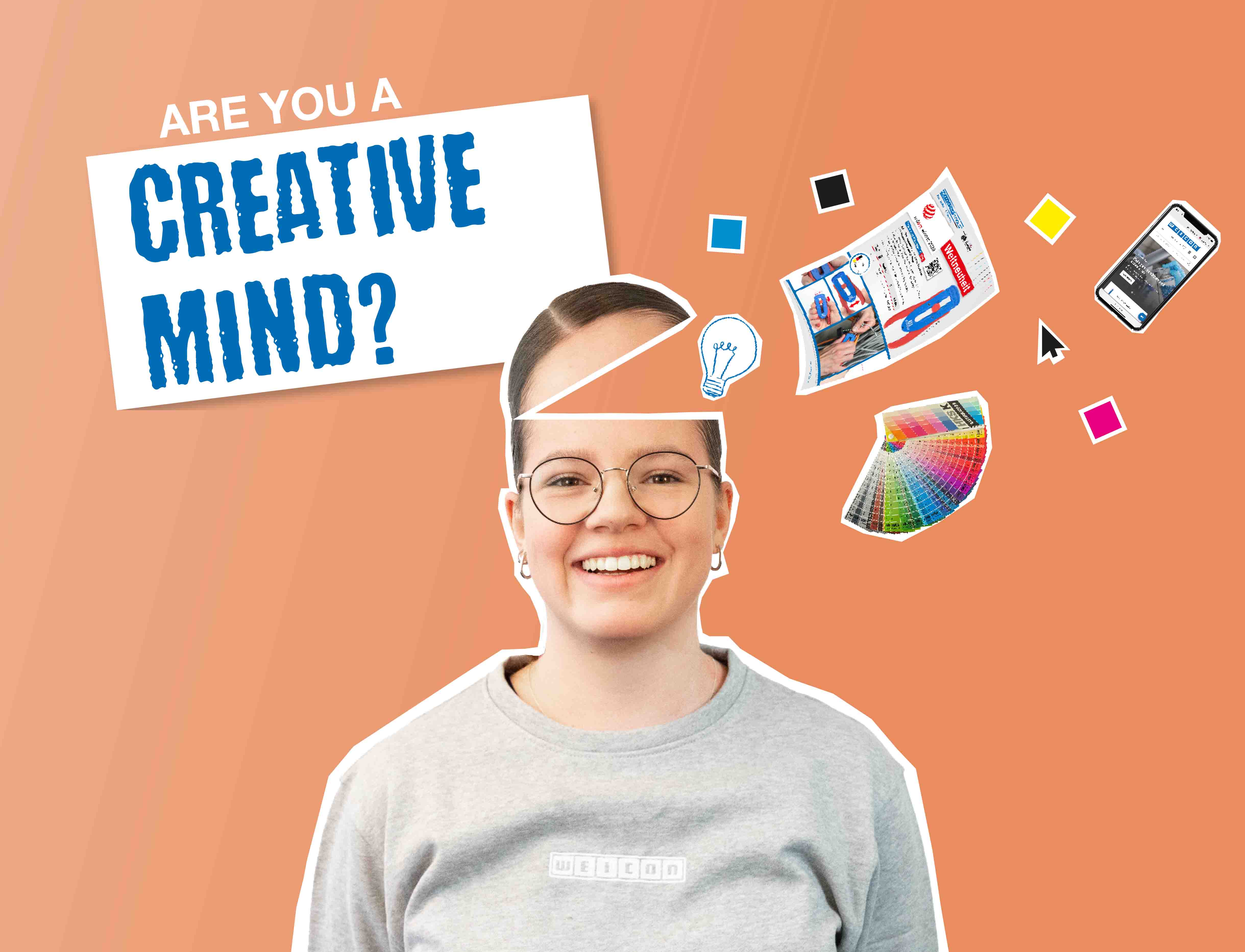 Jonge vrouw met open hoofd, waaruit kleuren, flyers en een mobiele telefoon komen