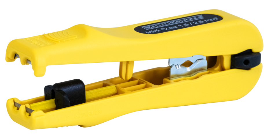 Mini-Solar 1,5/2,5 mm² | Voor het strippen en afstrippen van gewone fotovoltaïsche kabels met een doorsnede van 1,5 & 2,5 mm² Mini-Solar 1,5/2,5 mm² | Voor het strippen en afstrippen van gewone fotovoltaïsche kabels met een doorsnede van 1,5 & 2,5 mm²