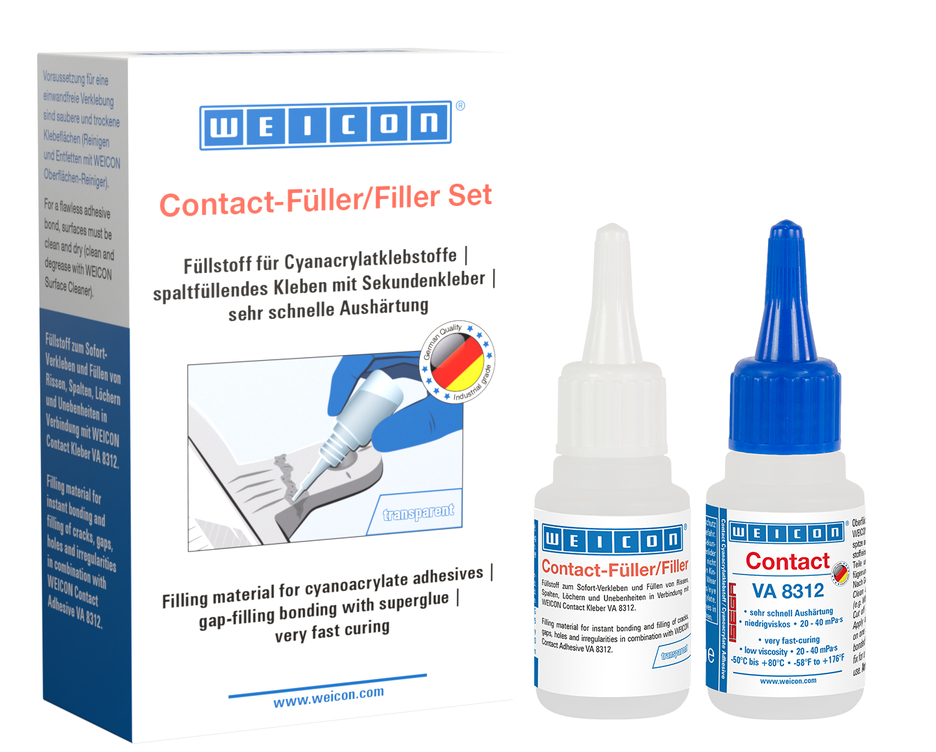 Contact-vuller set | Set met een cyanoacrylaatlijm en een vulmiddel voor snelle reparatie van scheuren, spleten, enz.