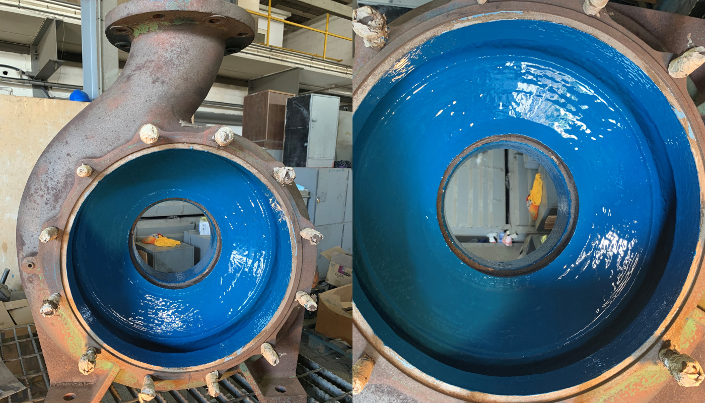 valve, flange, blue interior, industrial, cast iron