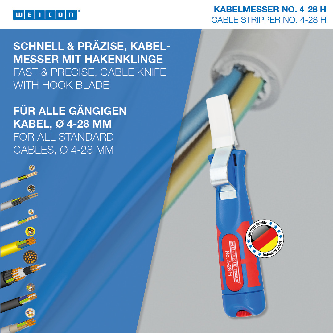 Kabelmesser No. 4 - 28 H | with 2C handle including hook blade and protective cap, working range 4 - 28 mm Ø
