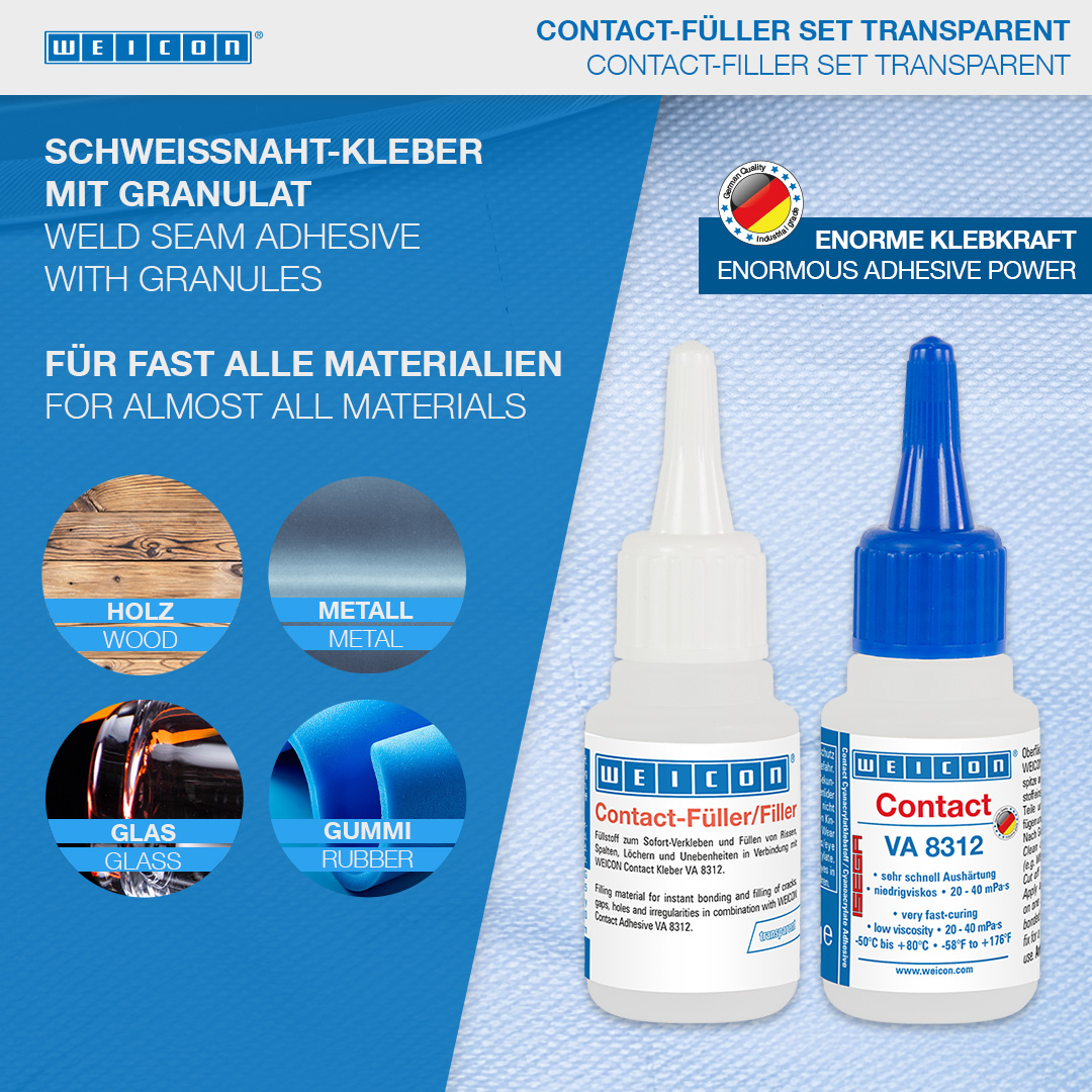 Contact-vuller set | Set met een cyanoacrylaatlijm en een vulmiddel voor snelle reparatie van scheuren, spleten, enz.