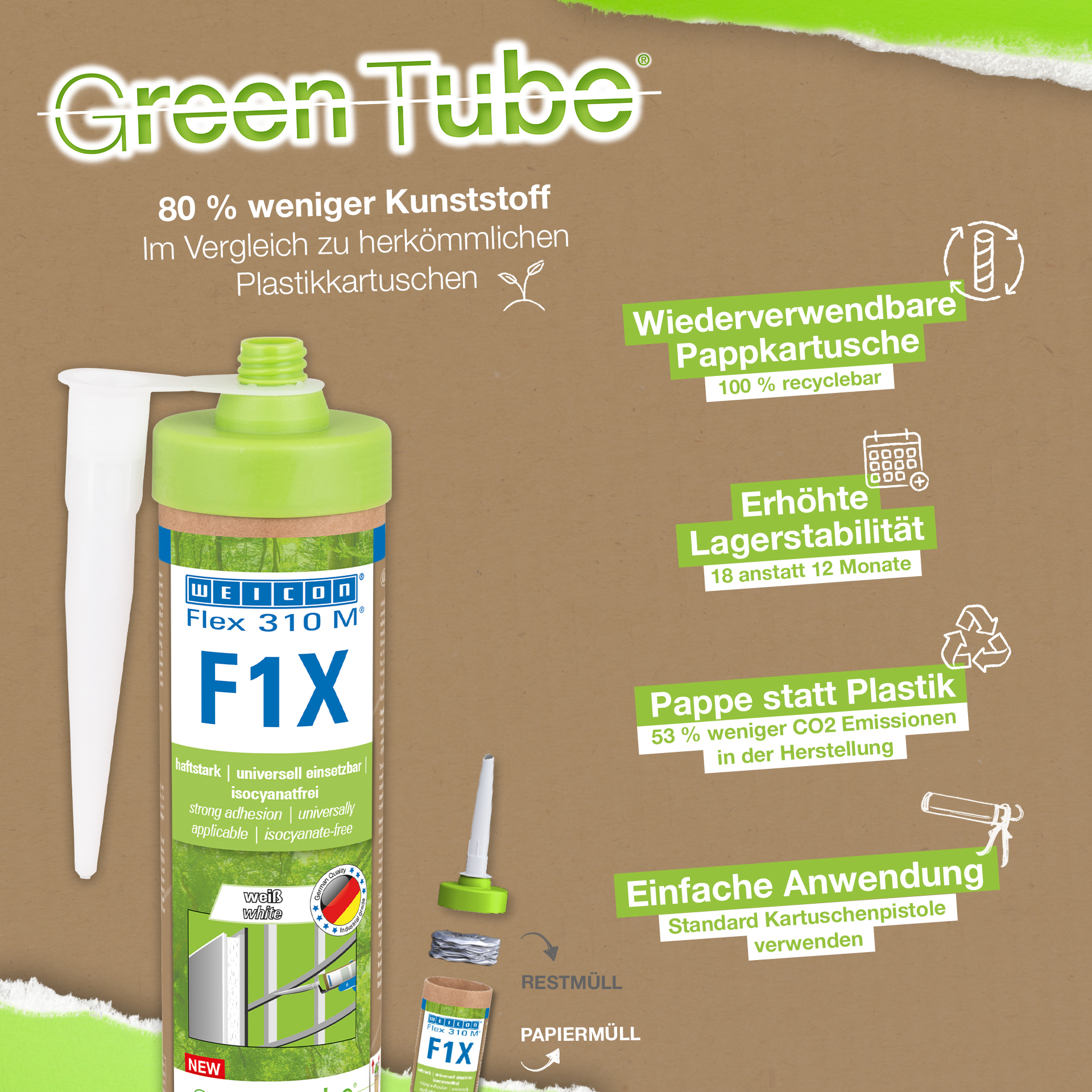 WEICON Green Tube Flex 310 M F1X | MS lijm en afdichtmiddel op polymeerbasis met zeer hoge aanvangshechting, temperatuurbestendig tot 180°C