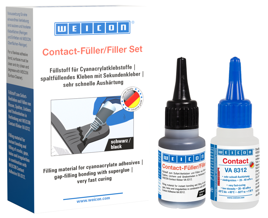 Contact-vuller set | Set met een cyanoacrylaatlijm en een vulmiddel voor snelle reparatie van scheuren, spleten, enz.