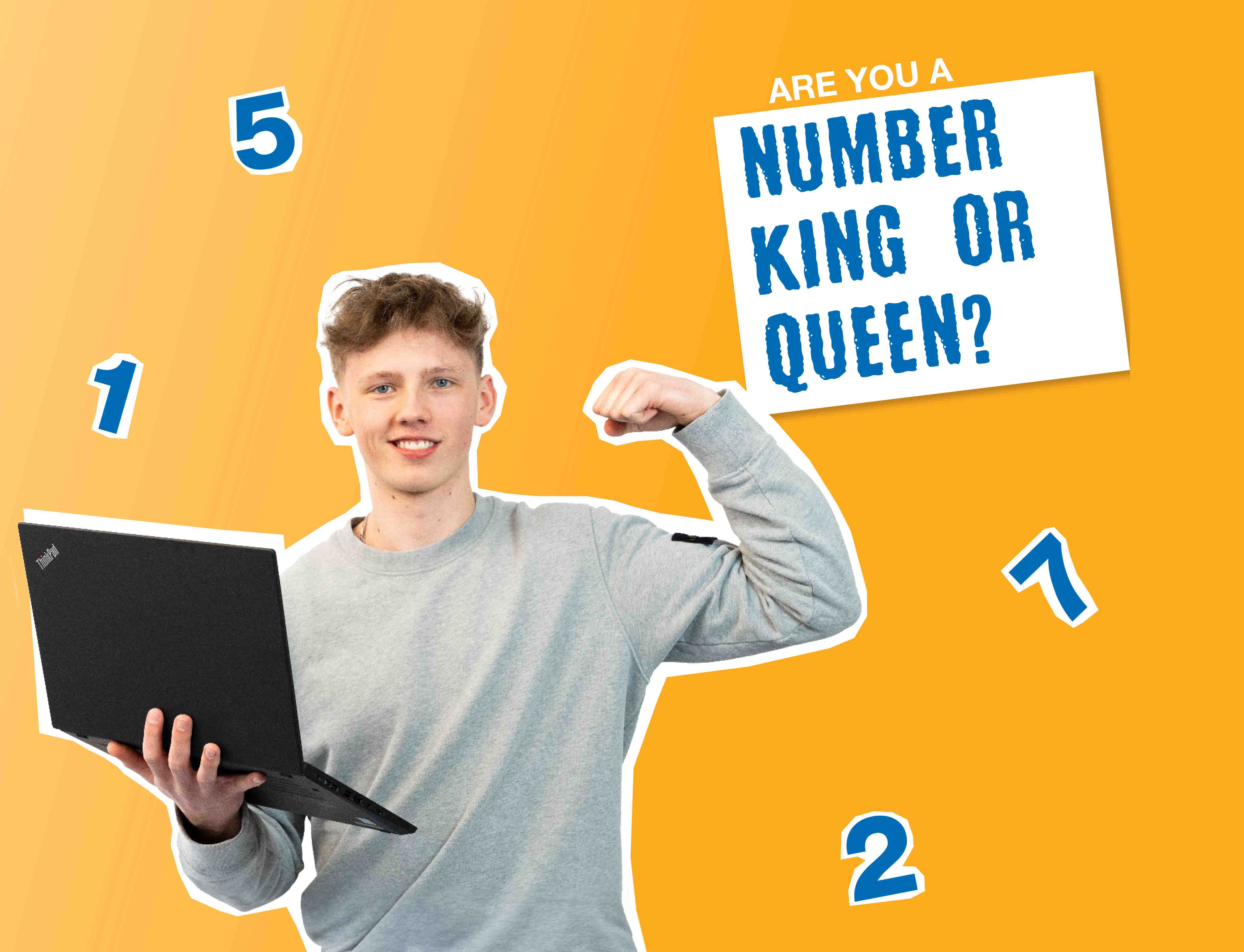 Jonge man met laptop in de hand, lachend, omringd door cijfers, met daarnaast de tekst “Ben je goed met cijfers?”