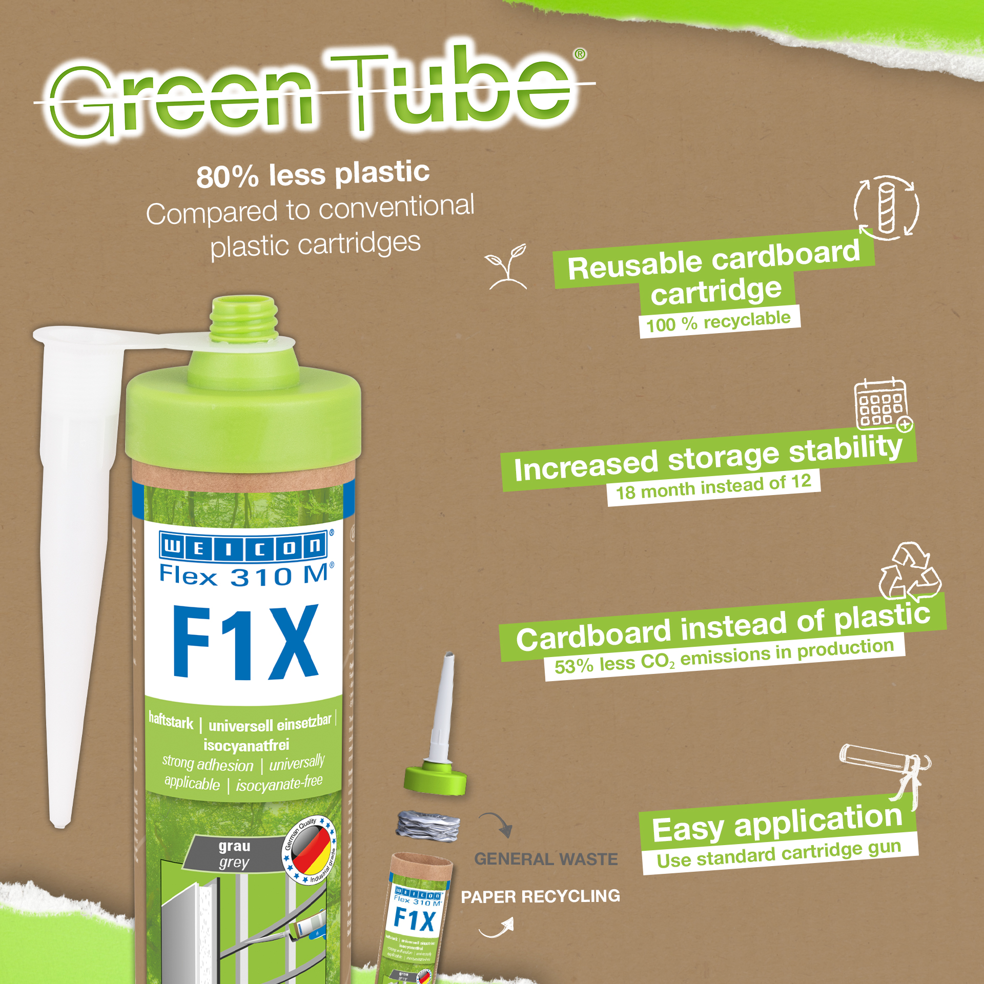 WEICON Green Tube Flex 310 M F1X | MS lijm en afdichtmiddel op polymeerbasis met zeer hoge aanvangshechting, temperatuurbestendig tot 180°C